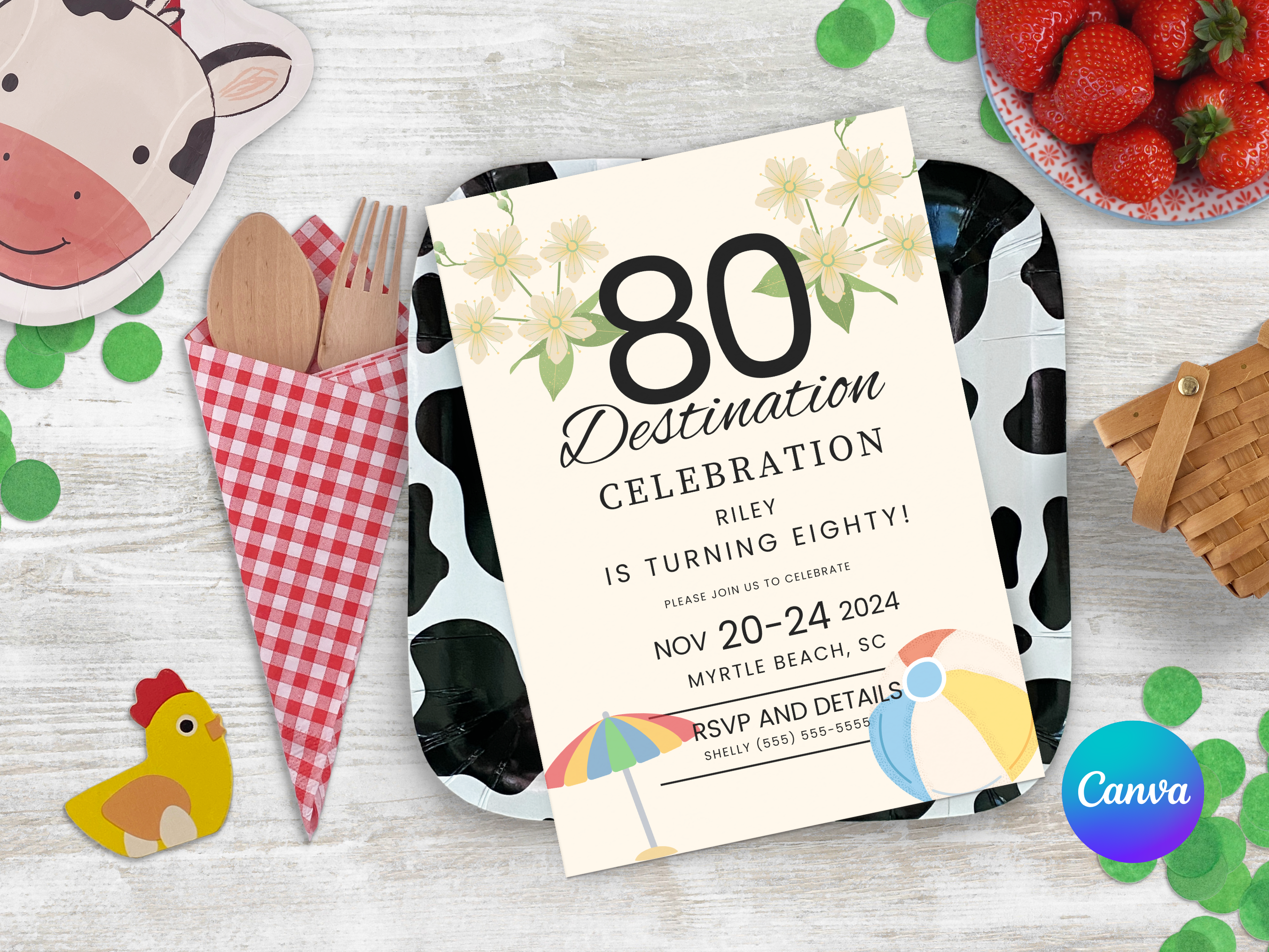 80th Myrtle Beach Destination Birthday Invitation Template Editable Canva 5x7