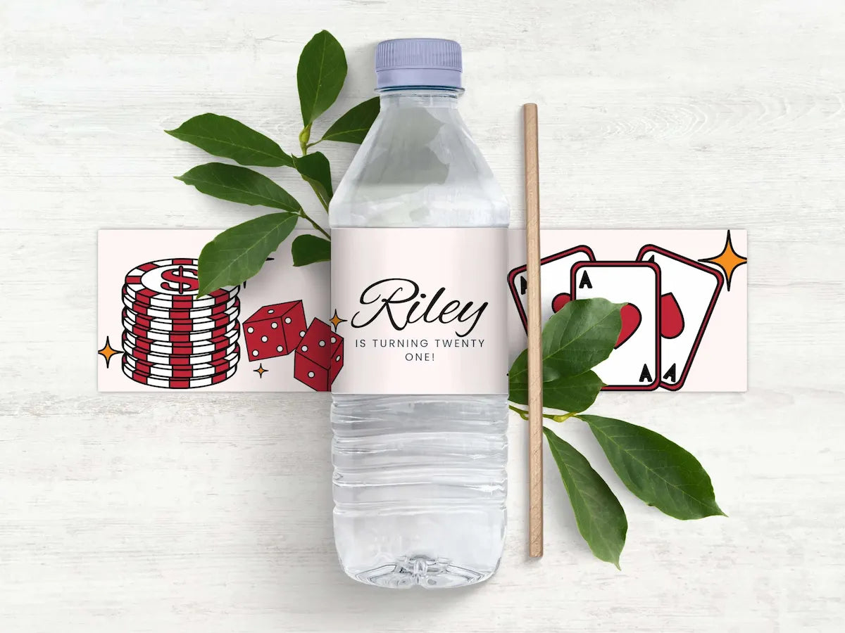 21st Vegas Destination Birthday Water Bottle Label Canva Editable Template
