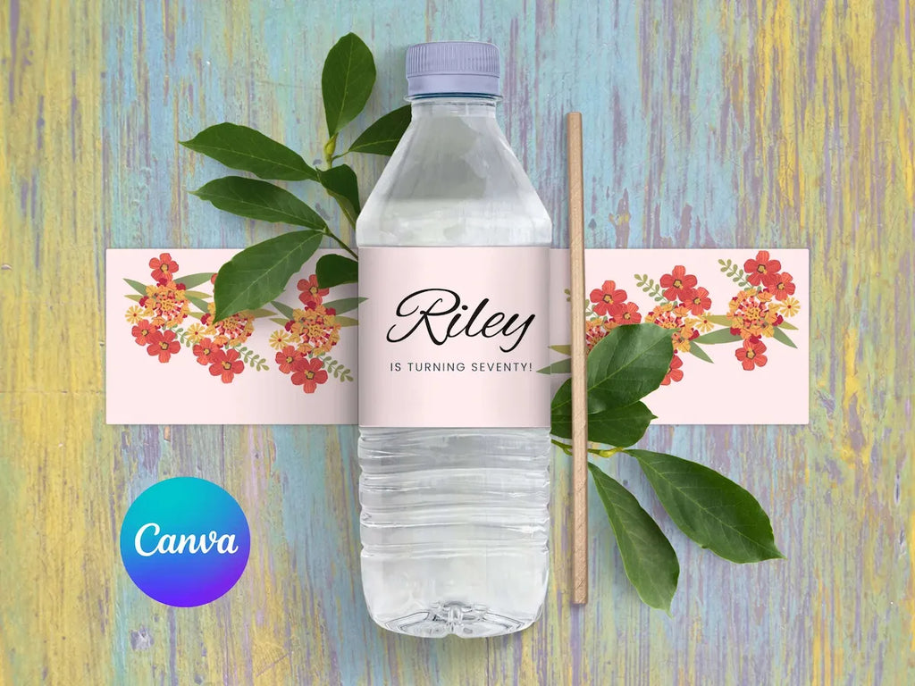 70th Spain Destination Birthday Water Bottle Label Canva Editable Template LuaSol Shoppe