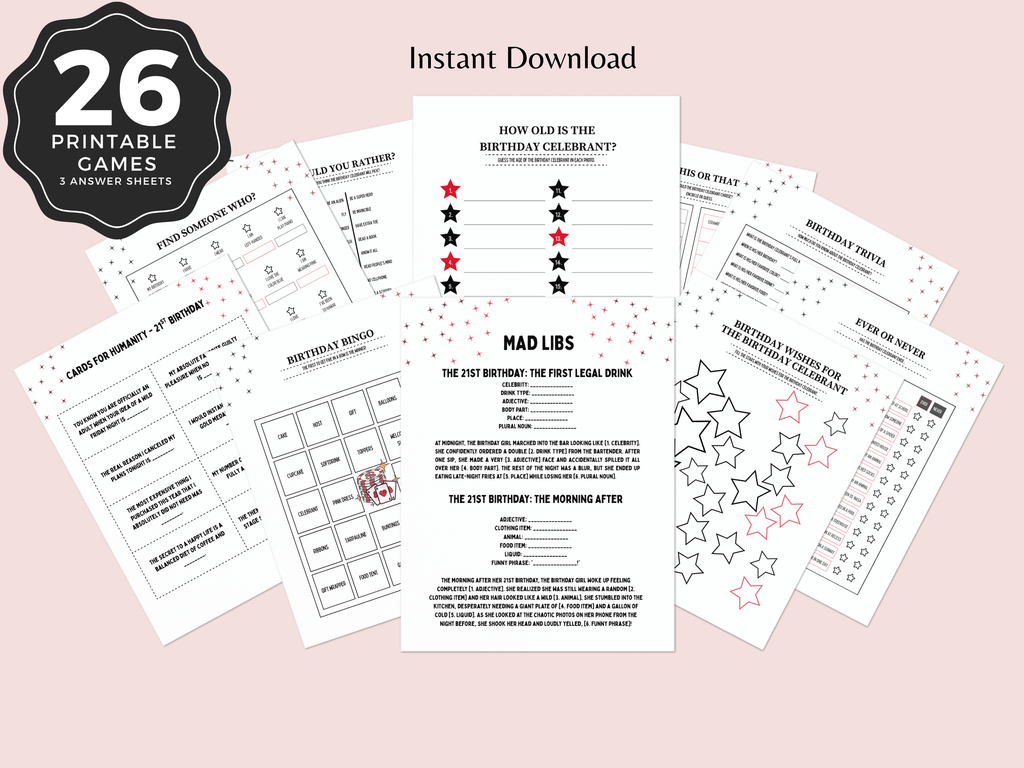 Las Vegas casino theme 21st birthday party games printable bundle for women featuring 26 card games on pink background
