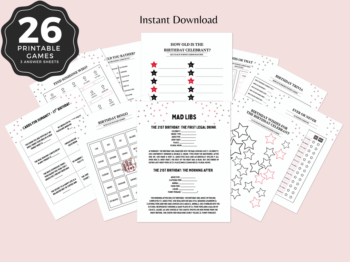 Las Vegas casino theme 21st birthday party games printable bundle for women featuring 26 card games on pink background