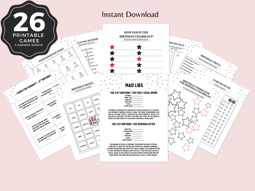 Las Vegas casino theme 21st birthday party games printable bundle for women featuring 26 card games on pink background