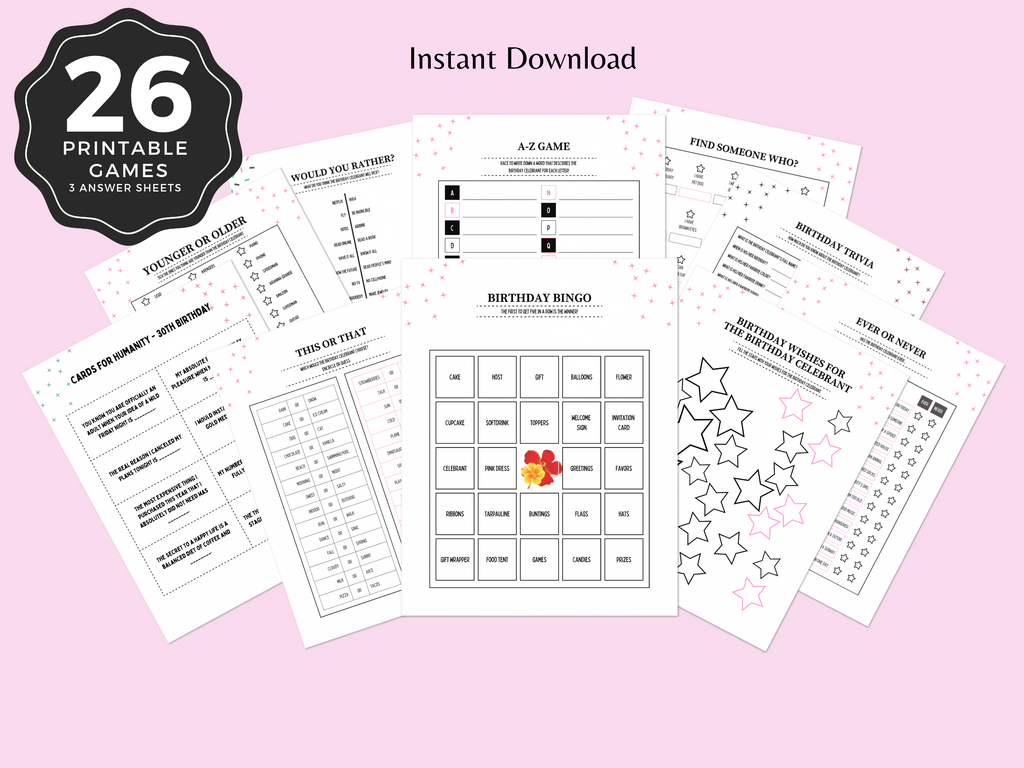 Miami tropical theme 30th birthday party games printable bundle for women featuring 26 card games on pink background