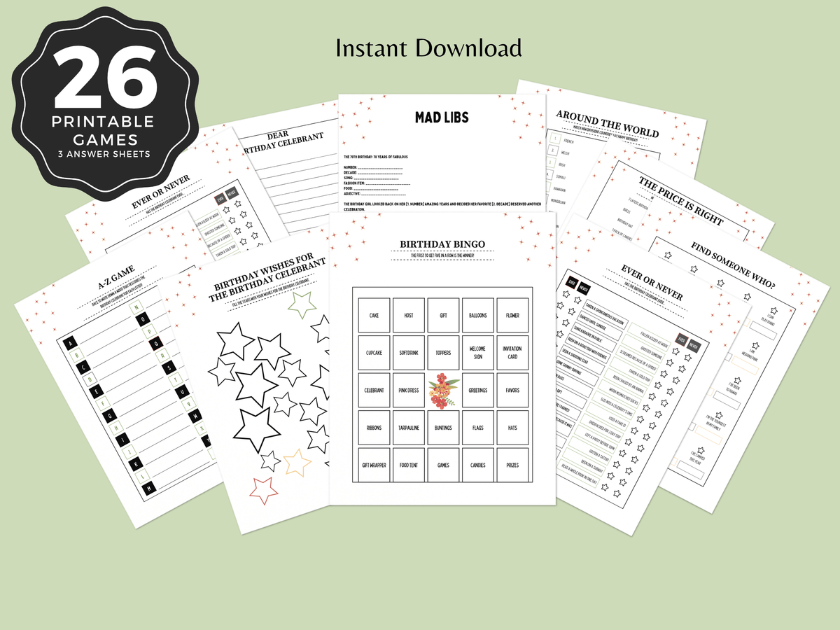 70th Birthday Party Games Printable Bundle | Spain Theme