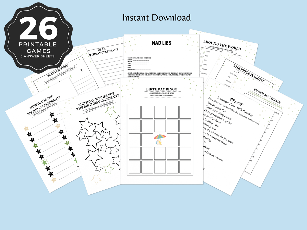 Beach theme 80th birthday party games printable bundle for women featuring 26 card games on blue background