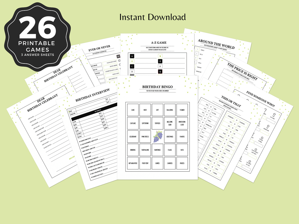 Winery wine tasting theme 40th birthday party games printable bundle for women featuring 26 card games on green background