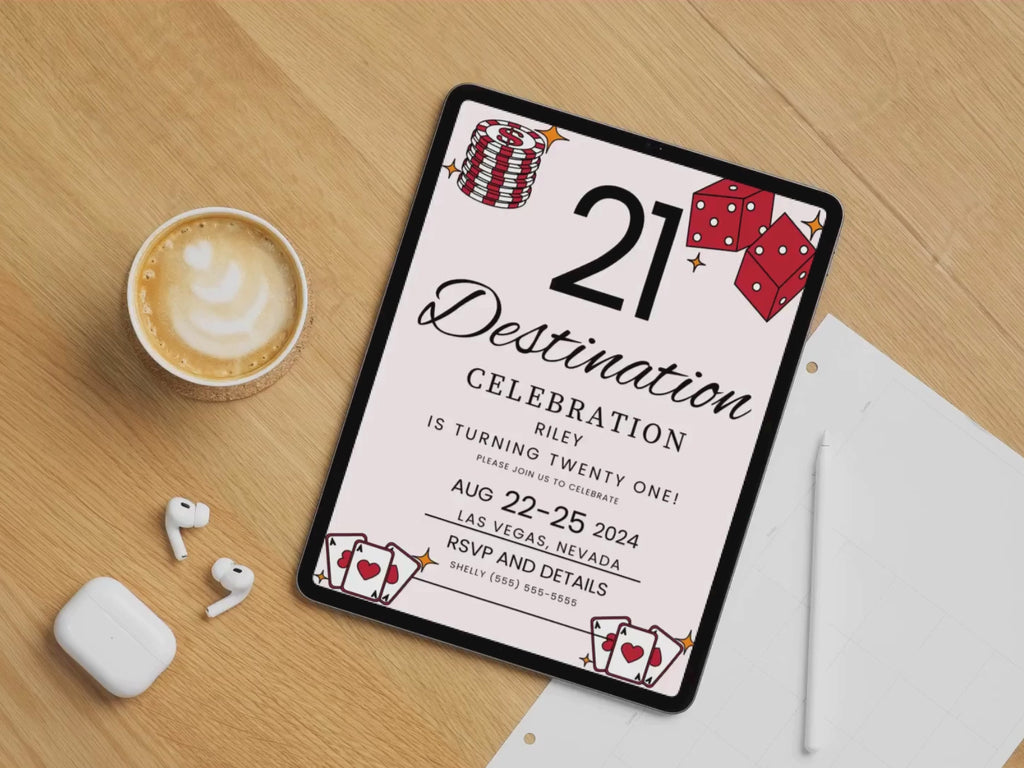 21st Vegas Destination Birthday Invitation Editable Canva Template on tablet on wood table background with cup off latte and airpods. 