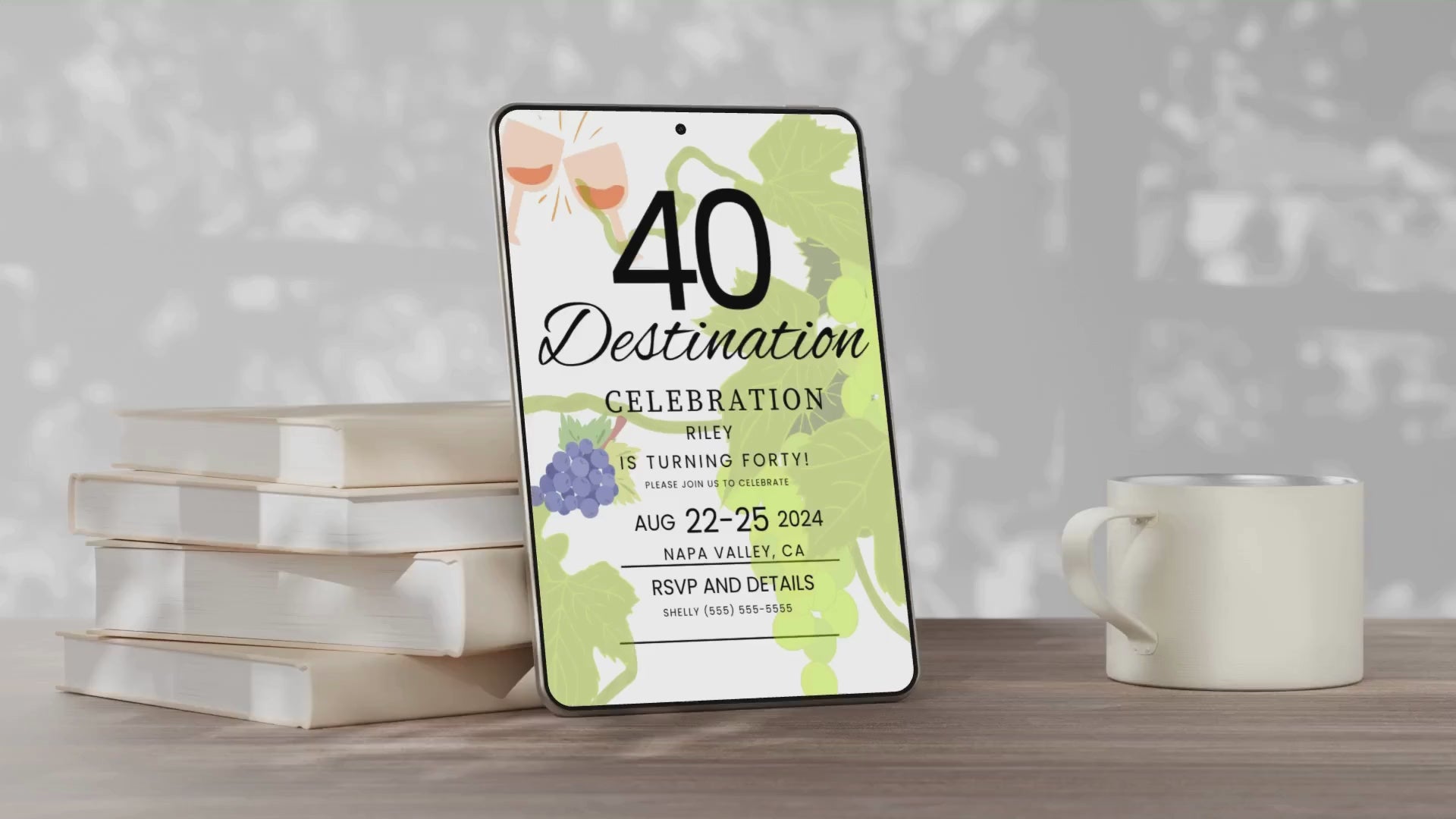 Winery 40th birthday invite on tablet and books